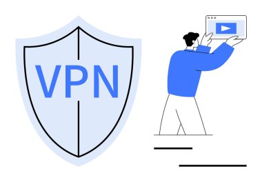 Güvenliği temsil eden VPN etiketli bir kalkan. Elinde çalma düğmesi olan bir tablet tutan mavili bir adam. Siber güvenlik, veri koruması, VPN kullanımı, çevrimiçi yayın, teknoloji, gizlilik bilinci için ideal