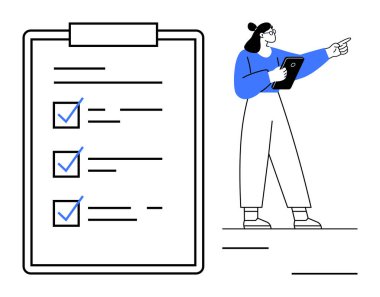 Tablet tutan ve işaret eden kadının yanında kontrol listesi ve mavi işaretli büyük bir pano. Üretkenlik, görev yönetimi, iş akışı, planlama, organizasyon, dijital araçlar, basit iniş için ideal