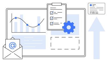 Grafik, kontrol listesi, e-posta, dişli simgesi ve analizleri vurgulayan büyüme oku, işlem optimizasyonu ve iletişim. İş araçları, veri yönetimi pazarlama stratejileri iletişimi için ideal