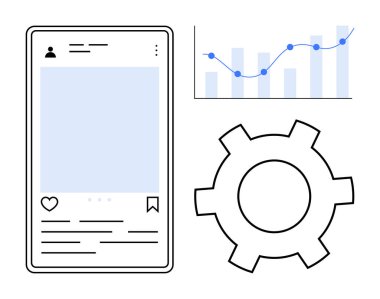 Başparmaklar ile sosyal medya arayüzü ve seçenekleri kaydetme, veri noktaları ve vites sembollü bar tablosu. Çevrimiçi pazarlama, analitik, optimizasyon, strateji, teknoloji, iş dünyası için ideal