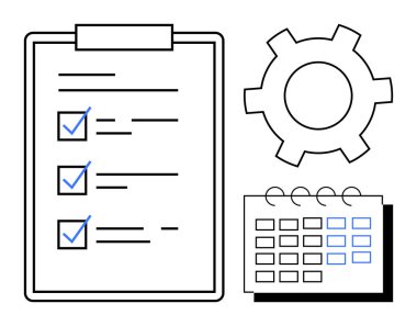 Verimliliği, organizasyonu, hedef belirleme, verimliliği, proje planlamasını ve görev önceliklerini temsil eden kontrol panosu, takvim ve teçhizat. İş akışı yönetim işi için ideal