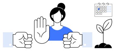 Kadın, iki zıt yumruğu durdurmak için elini kaldırıyor. Bir takvim ve bitki de büyümeyi ve planlamayı simgeliyor. Çatışma çözümü, müzakere, takım çalışması, barış, planlama, büyüme için ideal