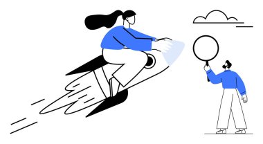 Uçan rokete binen bir kadın, elinde yuvarlak bir balon tutan bir adam. Yenilik için ideal, hırs, takım çalışması, hayaller, yaratıcılık, girişimcilik, basit iniş sayfası