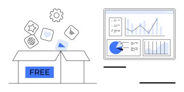 Uygulama simgeleri gönderen açık kutu kalp, dişli ve el arabalarını grafik ve çizelge içeren bir veri panelinin yanına yerleştirir. Teknoloji, analitik, pazarlama, araştırma, iş stratejisi ve yenilik için ideal