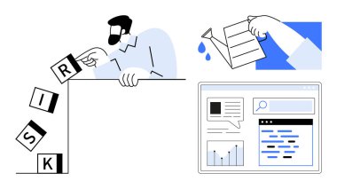 Düşen RISK bloklarını dengeleyen bir adam, büyümeyi temsil eden bir bitkiyi sularken. Grafiklerle web arayüzü içerir. Risk yönetimi, iş büyümesi, finans, yenilik, dijital strateji için ideal