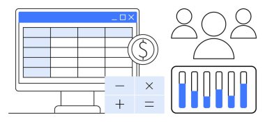 Masa arayüzü, para birimi sembolü, hesap makinesi tuşları, çubuk grafikleri ve kullanıcı simgelerine sahip bilgisayar ekranı. Finans, analitik, takım çalışması, bütçe veri yönetimi istatistikleri için ideal basit iniş sayfası