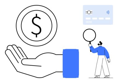 Para, kredi kartı ve büyüteçle bireyi simgeleyen dolar işaretli bir el. Finans, yatırım, bankacılık, tasarruflar, kişisel bütçe, zenginlik yönetimi sade iniş sayfası için ideal