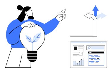 Büyüyen bir oku işaret eden ampullü bir kadın, dijital arayüz elementleri. Yenilik, liderlik, rehberlik, strateji, teknoloji, büyüme planlaması için ideal, basit bir iniş sayfası