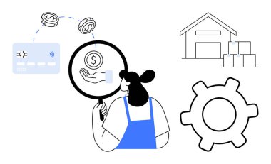 Mali unsurları denetleyen kadın, bir depo ve teçhizatın yanı sıra e-ticaret, tedarik zinciri, lojistik, ödeme işleme, finansal planlama ve işlemleri sembolize eden madeni paraları ve kartları başparmağında tutuyor