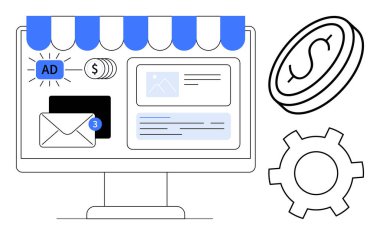 Masaüstü reklam bildirimleri, ödemeler, e-postalar ve e-ticaret arayüzünü gösteriyor. Çevrimiçi iş, pazarlama, reklam, otomasyon, girişimcilik finansmanı için ideal