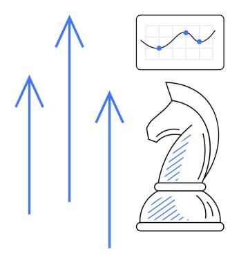 Şövalye satranç taşı, yukarı bakan oklar ve performans grafiği. Strateji, ilerleme, veri analizi, liderlik, büyüme kararı yenilikleri için ideal. Basit düz metafor