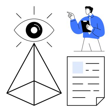 Gözler piramidin tepesinde, görüşü sembolize ediyor, panosu olan adam belgenin yanında tartışmalara giriyor. Liderlik için ideal, analiz, planlama, yaratıcılık, yenilik, işbirliği, düz basit metafor