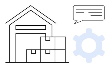 Depo, istiflenmiş kutular, konuşma balonu ve teçhizat. Lojistik, depolama, iletişim, organizasyon takım çalışması teknolojisi ve verimliliği için ideal. Minimalist düz metafor