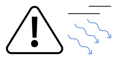 Mavi okların yanında ünlem işareti olan üçgen uyarı işareti hava akışını gösteriyor. Güvenlik, havalandırma, hava kalitesi, iklim kontrolü, tehlike uyarıları, işyeri güvenliği için ideal