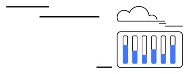 Çubuklar çizilmiş bulutun içindeki değişken seviyelerde, yatay çizgiler hız ve dijital ilerlemeyi gösteriyor. Veri görselleştirme, bulut servisi, istatistik, analiz, içgörü, büyüme için ideal