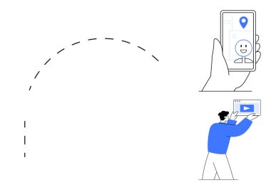 Konum simgesi ve yüzü olan akıllı telefon, video oynatıcısı olan tablet kullanan adam, bağlantıyı gösteren eğri bir çizgi. Teknoloji, iletişim, yaratıcılık, UX tasarımı ve video için ideal