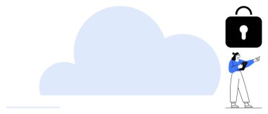 Elinde tablet olan kadın büyük bir bulut ve asma kilidi işaret ederek güvenli bulut deposunu sembolize ediyor. Teknoloji, güvenlik, veri koruması, mahremiyet, ağ oluşturma, yenilik, basit iniş sayfası için ideal