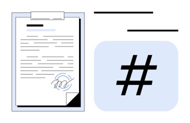 Yuvarlak bir kare içindeki kalın meta veri etiketinin yanında pano üzerinde metin bulunan imzalı belge. Yasal hizmetler, dijital belgeler, çevrimiçi kimlik, sosyal medya, doğrulama, sözleşmeler için ideal