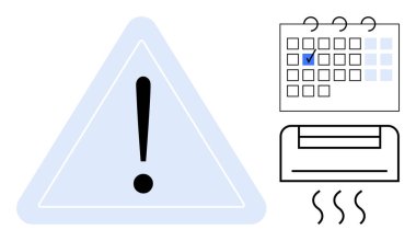 Üçgenin içinde ünlem işareti, işaretli tarihli takvim, ısı dalgaları yayan klima. Bakım alarmları, programlama, havalandırma sistemleri, güvenlik, hatırlatıcılar, planlama dairesi için ideal