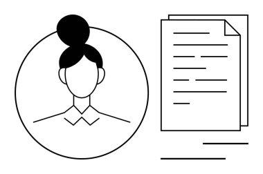 Yuvarlak çerçeveli kadın avatarı, özgeçmişi ya da CV 'yi simgeleyen istiflenmiş belgelerin yanında. İşe alım, kariyer, iş arama, insan kaynakları, profesyonel iletişim, kimlik ve belgeler için ideal. Düz