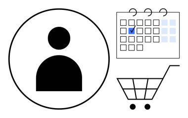 İşaretli bir tarih ve alışveriş arabasının bulunduğu takvimin yanında kullanıcı profili simgesi. Zamanlama, planlama, e-ticaret, organizasyon, görev yönetimi, hatırlatıcılar, müşteri profilleri, daire sade