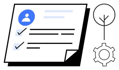 Tamamlanmış ögeler, ağaç sembolü, dişli ögesi içeren görev kontrol listesine sahip profil simgesi. Üretkenlik, görevler, organizasyon, iş akışı, proje yönetimi, verimlilik için ideal basit iniş sayfası