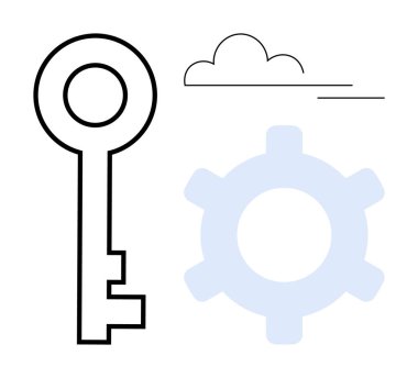 Minimalist anahtar, bulut ve dişli elementler güvenliği, bulut teknolojisini, yeniliği ve sistem entegrasyonunu sembolize eder. Teknoloji, veri, çözüm mühendislik stratejisi için idealdir.