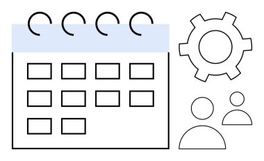 Takvim ızgarası döngüler, dişli simgesi ve iki kullanıcı sembolü ile planlama, takım çalışması, görev yönetimi ve ayarları sembolize eder. Verimlilik, zamanlama ve işbirliği projesi yönetimi için ideal basit