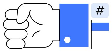 Dijital iletişimi, eylemi, yetkilendirmeyi ve işbirliğini vurgulayan bir üstveri etiketi simgesinin yanında, mavi kolda kapalı bir yumruk. Takım çalışması, topluluk, yenilik ve liderlik için ideal