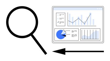 Büyüteç, tablolar, grafikler ve pasta diyagramı olan bir veri torpidosunu inceliyor. Analiz, araştırma, veri keşfi, iş anlayışı, pazarlama, istatistik eğitimi için ideal basit iniş