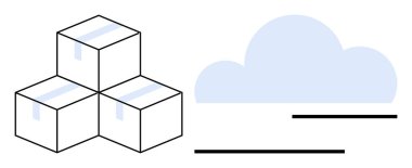 Minimalist çizgileri olan mavi bir bulut sembolünün yanına istiflenmiş karton kutular, dijital bulut depolama ve fiziksel envanter yönetiminin altını çiziyor. Teslimat, e-ticaret, veri depolama için ideal