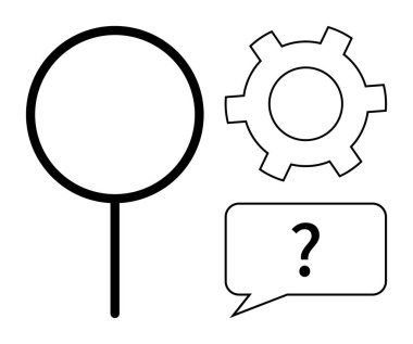 Büyüteç, dişli ve konuşma baloncuğu arama, problem çözme ve analiz kavramlarını vurguluyor. Yenilik, üretkenlik, sorun çözme, teknoloji keşif stratejisi ve basit