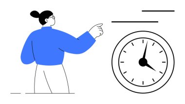 Analog saate doğru hareket eden bir kadın zaman yönetimi, zamanlama ya da dakikliğe odaklanmayı öneriyor. Teslim tarihleri, verimlilik, organizasyon, planlama verimliliği iş odakları için idealdir. Düz