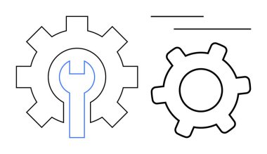 Bir dişlinin içinde asgari çizgilerle çizilmiş iki vites ve bir ingiliz anahtarı çizgisi. Bakım, sistem yapılandırması, yenilik, çözümler, mühendislik, süreç optimizasyonu ve teknoloji için ideal