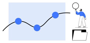 Eğri bir çizgiyle birbirine bağlı üç mavi noktalı bir grafik. Klasörün üzerinde dairesel bir unsur tutan kişi. İstatistik, analitik, büyüme, araştırma, sunum, eğitim ve basit iniş için ideal