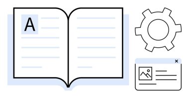 Metin, ayar teçhizatı ve içinde resim ve metin olan bir açılır pencere olan kitabı aç. Öğrenme, bilgi paylaşımı, dijital araçlar, özelleştirme, yaratıcılık, düzenleme araçları için idealdir