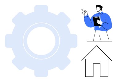 Elinde pano tutan adam vites grafiğini gösteriyor, evin dış hatlarıyla birlikte. Takım çalışması, iş akışı, gayrimenkul, planlama, yenilik, operasyon büyümesi için ideal. Düz basit metafor