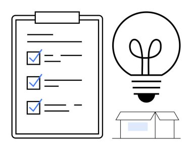 Kontrol listesi ve mavi işaretli pano fikirleri sembolize eden ampul ve teslimatı veya lojistiği simgeleyen kutu. Planlama, yaratıcılık, yenilik, organizasyon, lojistik, üretkenlik için ideal