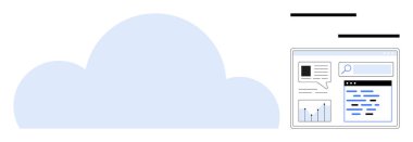 Analitik gösterge paneli, arama çubuğu ve sohbet simgesini gösteren bir arayüzün yanında mavi bulut şekli. Bulut hesaplama, teknoloji, veri yönetimi, çevrimiçi işbirliği, yazılım geliştirme için ideal