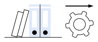 Yığılmış kitaplar ve iki klasör dosyası bilgi ve kayıt tutarak bir dişli ve ok iş akışını, ilerlemeyi veya sistem otomasyonunu simgeler. Üretkenlik, ofis işi ve veri yönetimi için ideal