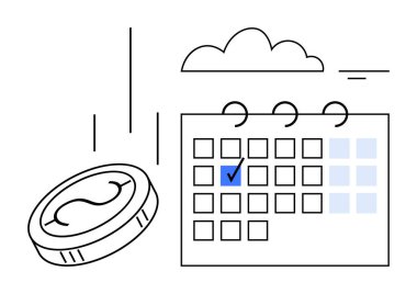 İşaretli bir tarihin yakınına, bulutun altındaki bir takvime para düşüyor. Finans, planlama, tasarruf, yatırım, teslim tarihleri, gelir, bütçe planlaması için ideal. Düz basit metafor