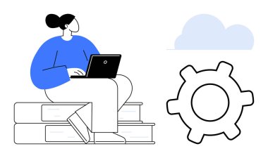 Dizüstü bilgisayarı, teçhizatı ve bulut sembolü olan kitapların üzerinde oturan kişi. Eğitim, teknoloji, yenilik, bilgi, bulut hesaplama, araştırma verimliliği için idealdir. Düz basit