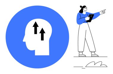 Mavi dairenin içinde yukarı doğru okları olan baş silueti ve tableti tutan kişi öne doğru hareket ediyor. Büyüme zihniyeti, eğitim, yenilik, liderlik, zihinsel berraklık, motivasyon, basit