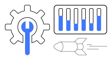 İngiliz anahtarlı vites, mavi çizgili bar çizelgesi, hız yapan roket. Teknoloji, mühendislik, veri analizi, yenilik, verimlilik, geliştirme için ideal