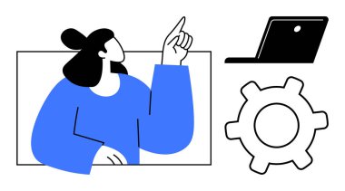 Yakınlarda bir dizüstü bilgisayar ve dişli sembolü olan bir kadın, yenilik, teknoloji ve problem çözmeyi temsil ediyor. İş için ideal, takım çalışması, yaratıcılık, yönetim, strateji iş akışı