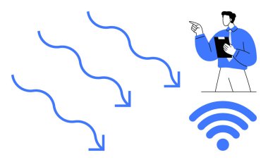 İşadamı, kablosuz sembollere doğru veri akışını temsil eden okları incelerken işaret ediyor. Teknoloji, ağ, veri transferi, bağlantı, iletişim, yenilik, modern iş için ideal