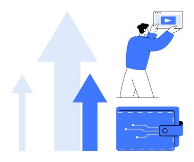 Medya penceresi, teknoloji tasarımı olan cüzdan ve büyümeyi, teknolojiyi ve ilerlemeyi simgeleyen yukarı doğru oklar tutan kişiler. Fintech, girişimler, medya, büyüme yatırımları için ideal