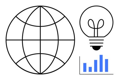 Küre, ampul ve çubuk grafiği küresel iletişimi, yeniliği, fikirleri, analitiği, teknolojik ilerlemeyi ve gelişimi vurguluyor. İş eğitimi ağı kurmak için ideal. Düz basit metafor