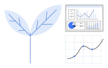 Yaprak, veri analiz ekranının yanı sıra grafik, grafik ve sezgilerle büyümeyi sembolize eder. İş için ideal, eko-teknoloji, yenilik, strateji, çevre, analiz basit iniş sayfası