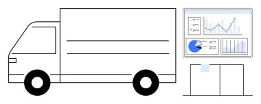 Analitik gösterge panelinin yanında kargo kamyonu, bar grafikleri, grafikleri ve istatistiksel eğilimleri var. Lojistik, tedarik zinciri, ulaşım, iş analizleri, veri araçları, nakliye anlayışları için ideal